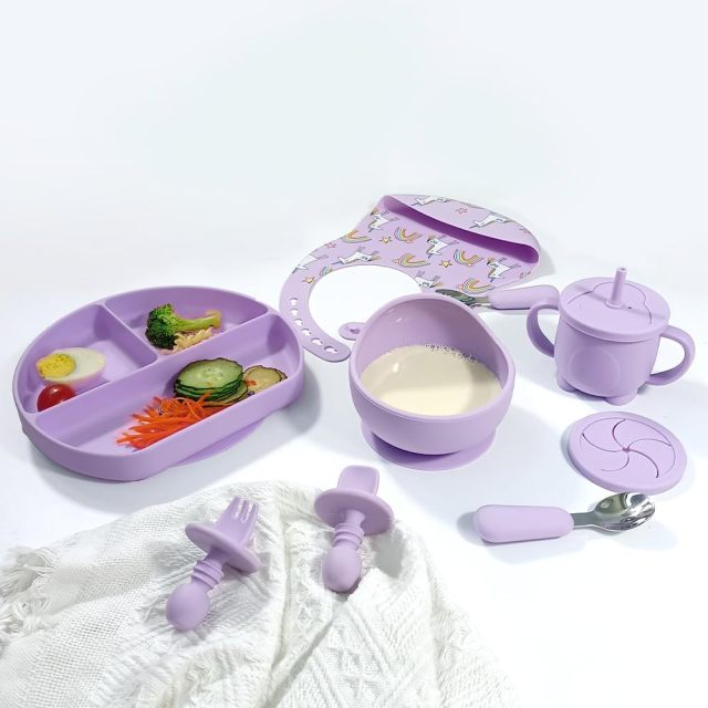 Silicone Baby Purple Feeding Set,,Silicone Baby Purple Feeding Set, Baby Led Weaning Supplies with Suction Bowl Divided Plate, Toddler Self Feeding Dish Set with Spoons Forks Sippy Cup Adjustable Bib, Eating Utensils