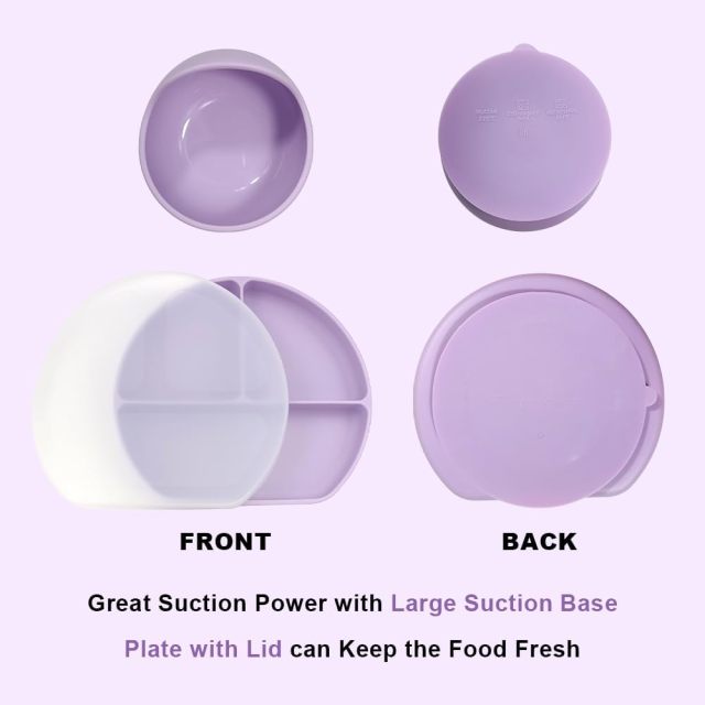 Silicone Baby Purple Feeding Set,,Silicone Baby Purple Feeding Set, Baby Led Weaning Supplies with Suction Bowl Divided Plate, Toddler Self Feeding Dish Set with Spoons Forks Sippy Cup Adjustable Bib, Eating Utensils