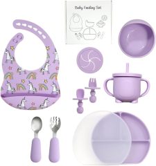 Silicone Baby Purple Feeding Set,,Silicone Baby Purple Feeding Set, Baby Led Weaning Supplies with Suction Bowl Divided Plate, Toddler Self Feeding Dish Set with Spoons Forks Sippy Cup Adjustable Bib, Eating Utensils