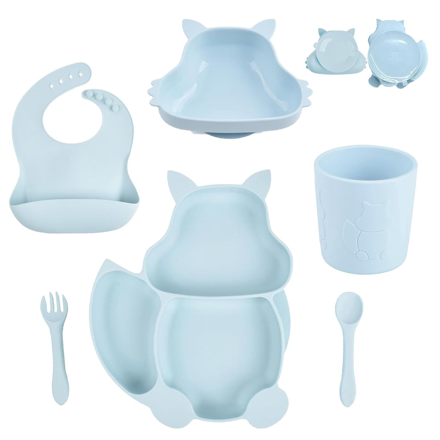 Silicone Led Weaning Supplies,Silicone Led Weaning Supplies, Baby Feeding Set, Suction Bowl & Divided Plate, Training Feeding Dish With Fork &Spoon,100% Food Grade Silicone Waterproof Bibs, Cute Shaped Cup