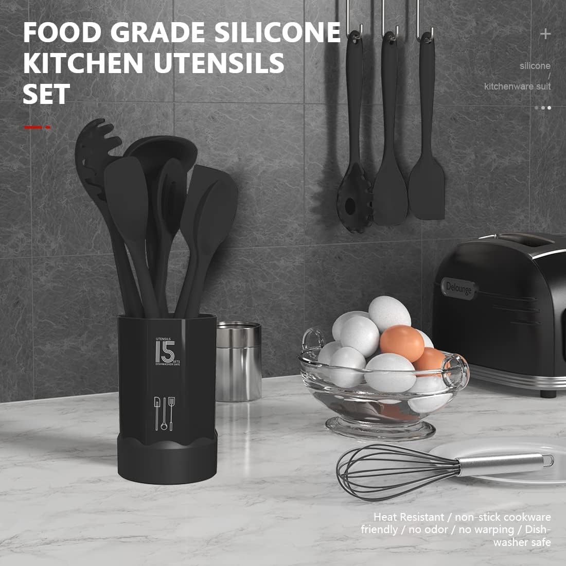 Silicone Cooking Utensils Set \,Silicone Cooking Utensils Set - 446°F Heat Resistant Kitchen Utensils,Turner Tongs,Spatula,Spoon,Brush,Whisk,Kitchen Utensil Gadgets Tools Set for Nonstick Cookware,Dishwasher Safe (BPA Free)