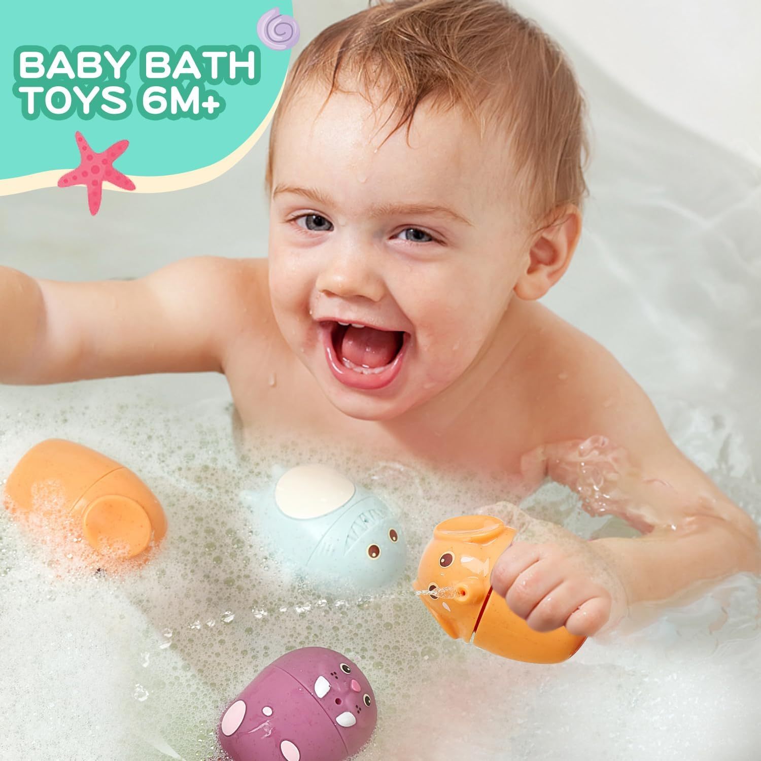 Mold Free Bath Toys for Babies 6-12 Months,Mold Free Bath Toys for Babies 6-12 Months, 6Pcs Silicone Ocean Animals Bathtub Float Bath Toys, Easy to Clean Water Table Toys Toddler
