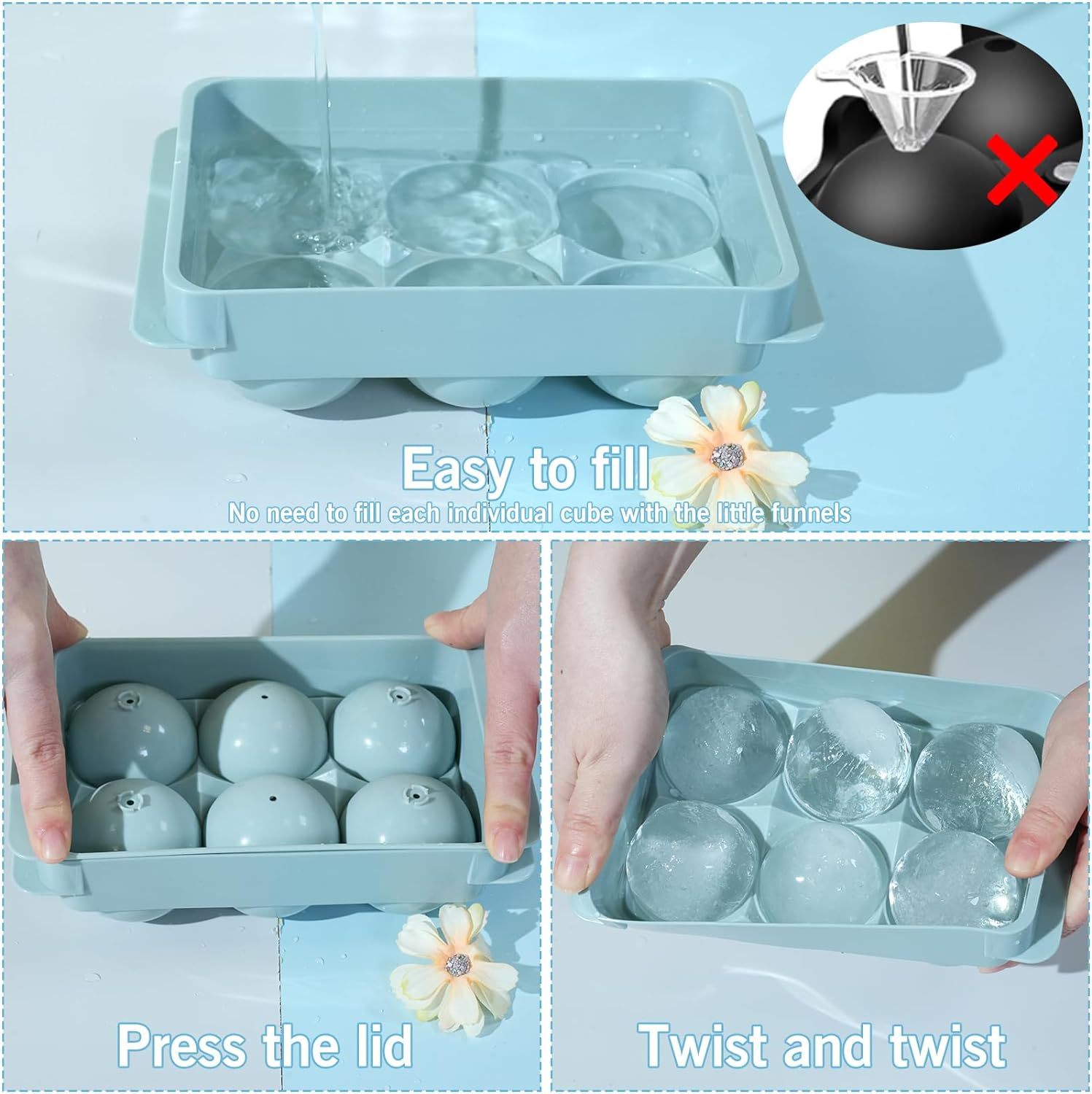 Large Ice Cube Tray,Large Ice Cube Tray, 1.9IN Whiskey Ice Mold, Sphere Ice Cube Mold , Leak-free Round Ice Cube Mold, Easy Fill & Release Ice Ball Maker for Whiskey Cocktails Bourbon