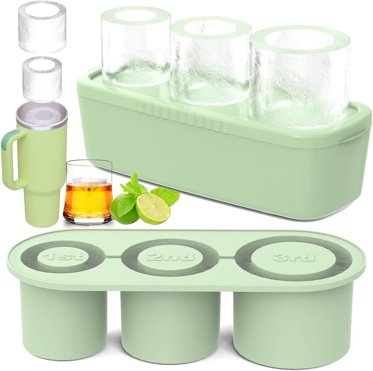 Ice Cube Tray for Tumbler Cup 30Oz-40Oz,Ice Cube Tray for Tumbler Cup 20Oz-40Oz, 3 Pcs Silicone Cylinder Ice Mold with Lid and Bin for Freezer, Easy Fill and Release Ice Maker for Whiskey, Cocktail BPA-Free