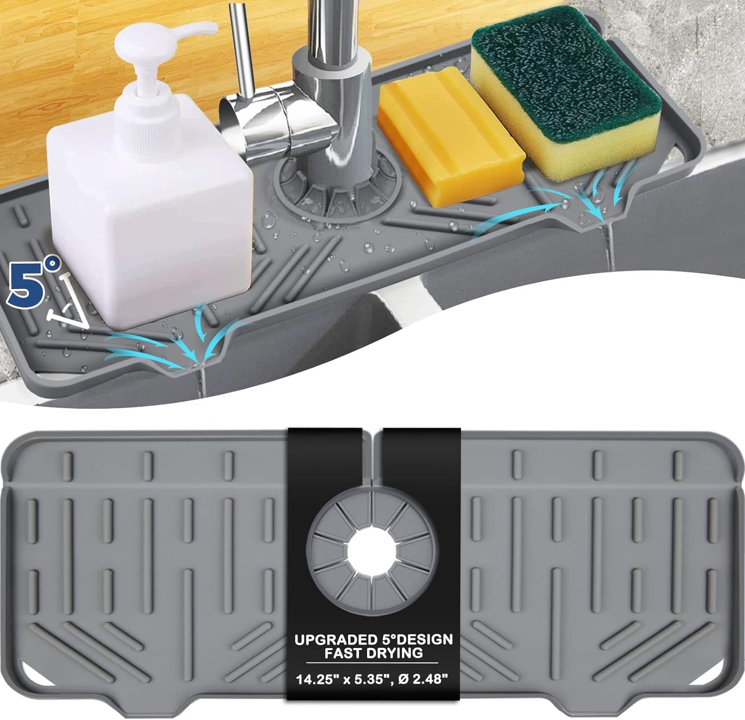 Kitchen Sink Splash Guard,Kitchen Sink Splash Guard, 10° Large Slope & Adaptable Hole Faucet Mat for Kitchen Sink, Silicone Sink Organizer Sponge Holder for Kitchen,silicone faucet mat