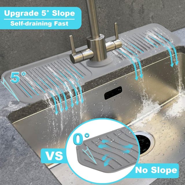 gray silicone faucet mat,Sink Splash Guard Mat,Silicone Faucet Handle Drip Catcher Tray, Longer Silicone Sink Mat for Kitchen Bathroom, Drip Protector Splash Countertop