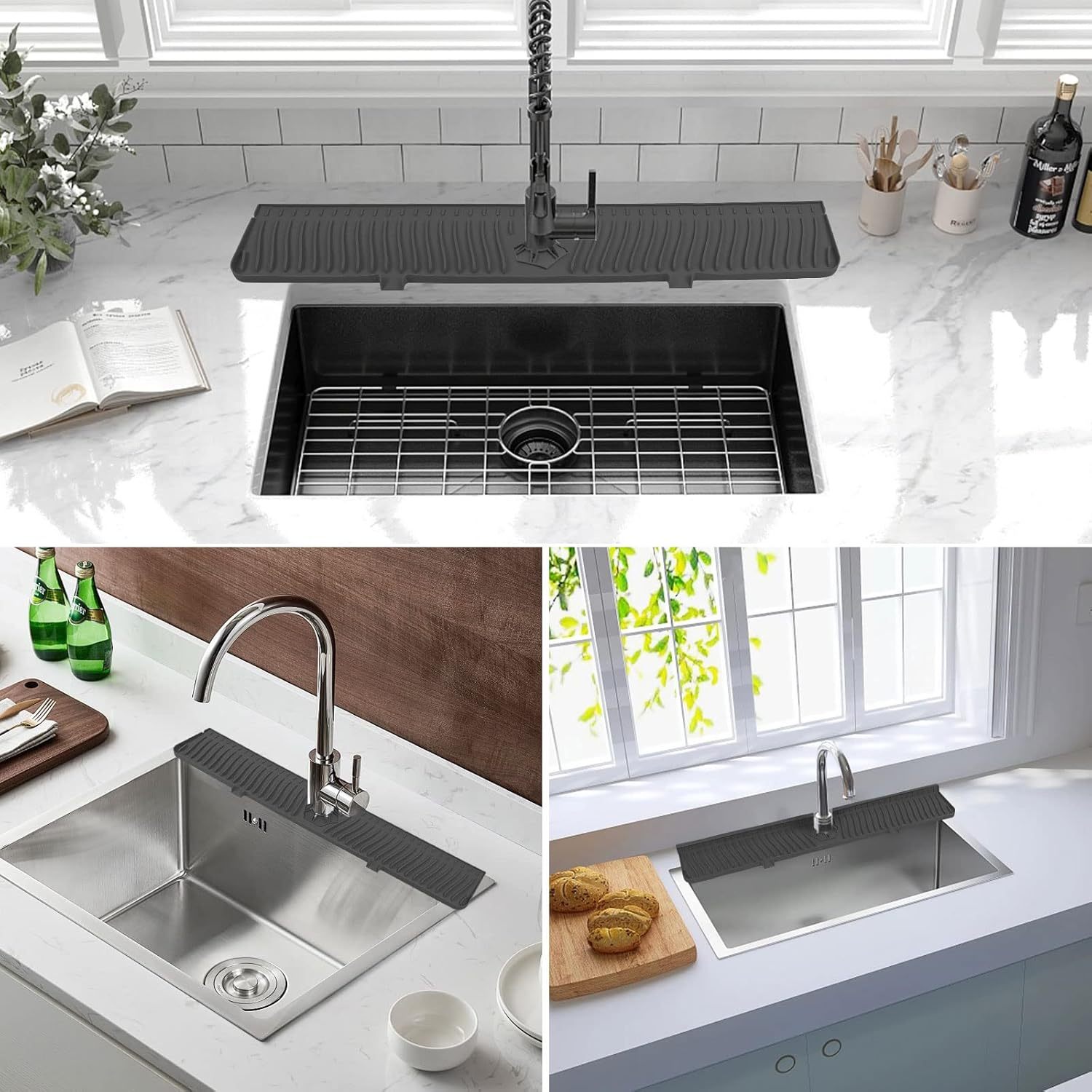 30 inch Sink Splash Guard Mat,30 inch Sink Splash Guard Mat,Silicone Faucet Handle Drip Catcher Tray, Longer Silicone Sink Mat for KitchenBathroom, Drip Protector Splash Countertop (black)