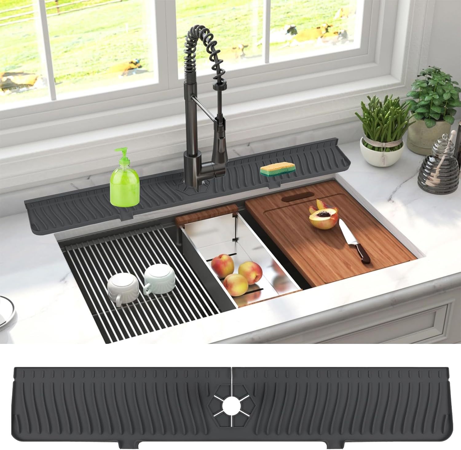 30 inch Sink Splash Guard Mat,30 inch Sink Splash Guard Mat,Silicone Faucet Handle Drip Catcher Tray, Longer Silicone Sink Mat for KitchenBathroom, Drip Protector Splash Countertop (black)
