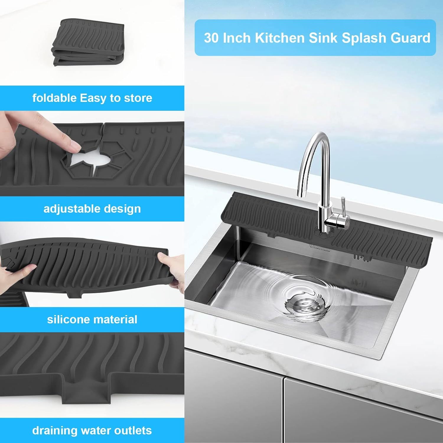 30 inch Sink Splash Guard Mat,30 inch Sink Splash Guard Mat,Silicone Faucet Handle Drip Catcher Tray, Longer Silicone Sink Mat for KitchenBathroom, Drip Protector Splash Countertop (black)