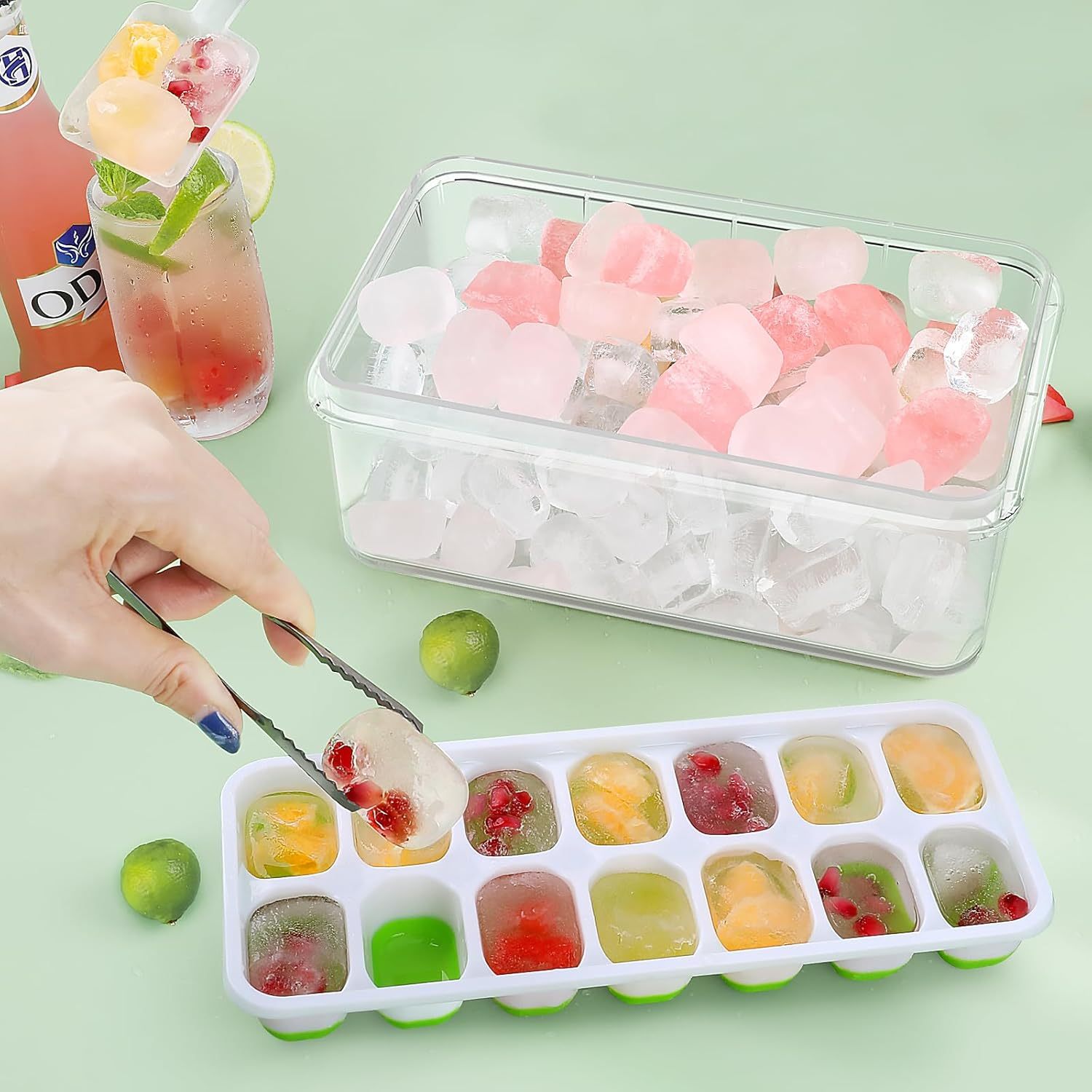 Ice Cube Tray with Lid and Bin,Ice Cube Tray with Lid and Bin, Silicone Ice Cube Trays for Freezer, Ice Trays for Freezer with Bin,Ice Tong,Ice Scoop, BPA Free Stackable Ice Tray for Cocktail,Beer