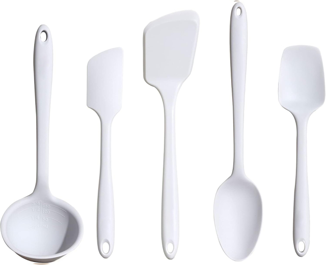 5 Piece Silicone Utensil Set,5 Piece Silicone Utensil Set - Ladle, Spatula, Flip, Spoon & Spoonula,Non-stick, Heat Resistant - Dishwasher Safe - Kitchen Utensils - Baking Supplies - BPA & BPS Free
