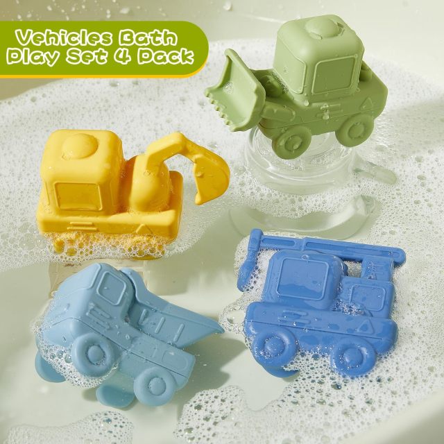 4 Pack Food-Grade Silicone Cars Bath Toys
