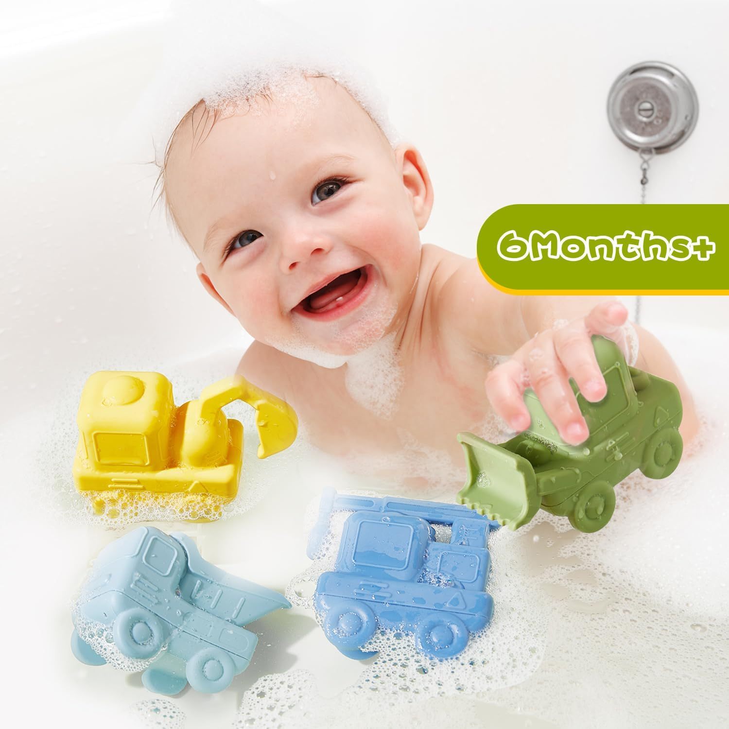 4 Pack Food-Grade Silicone Cars Bath Toys,Bath Toys, 4 Pack Food-Grade Silicone Cars Bath Toys, Mold Free Bath Toys for Toddlers 1-3/Babies 6-12 Months, Safe and Non Toxic Bathtub Toy, Dishwasher Safe, BPA Free