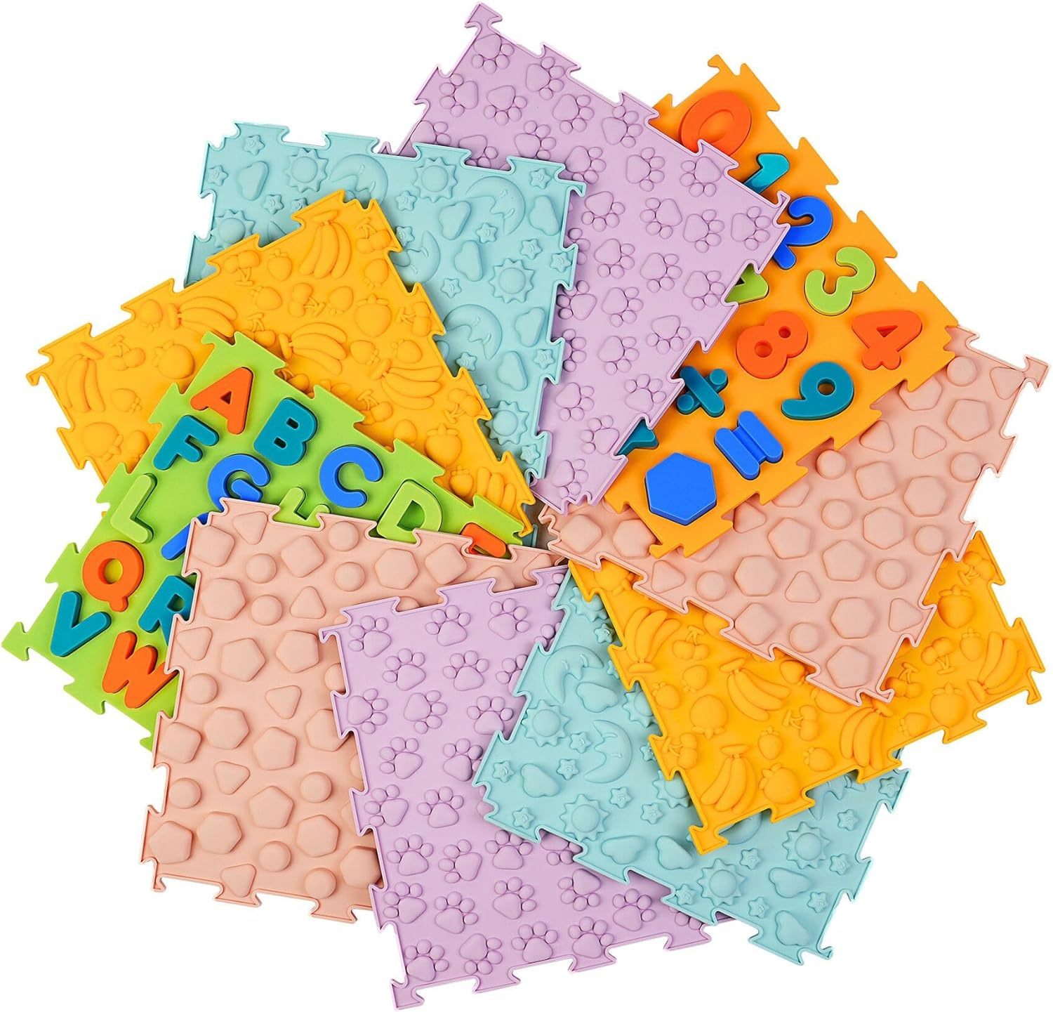 Silicone Alphabet & Number Puzzle,Sensory Mats, Sensory Tiles for Kids Sensory Room Items, Textured Sensory Floor Tiles Orthopedic Massage Puzzle Floor Mat for Autistic Children, with Silicone Alphabet & Number Puzzle