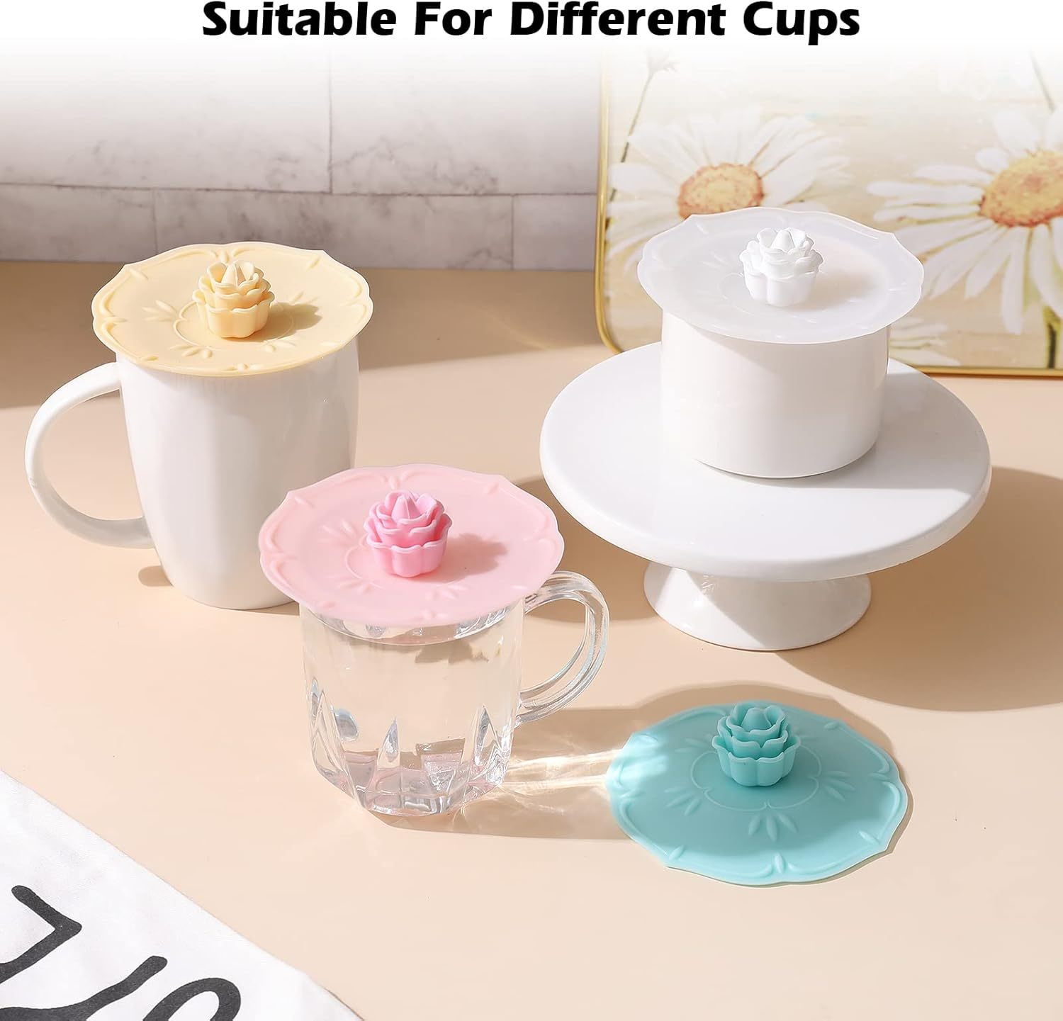 Rose Silicone Cup Covers,Rose Silicone Cup Covers ， Multicolored Silicone Lids for Mugs, Cups, Tea Pots,Flexible Mug Covers，Hot Cup Lids for Coffee & Tea