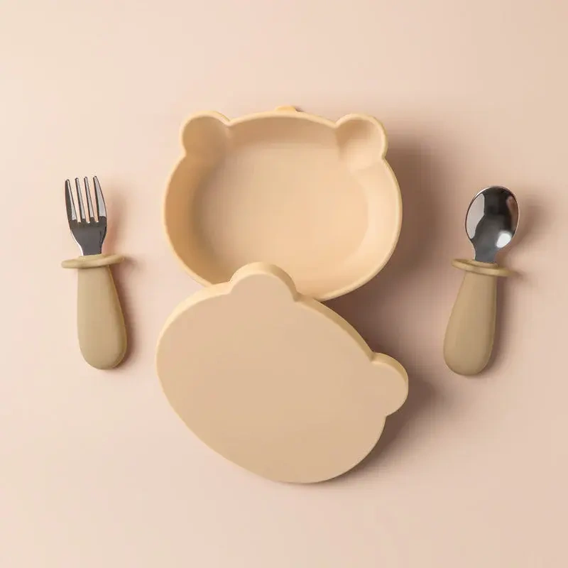 4PCS Bear Shape Baby Plates With Suction,Silicone Baby Feeding Set, 4PCS Bear Shape Baby Plates With Suction, Spoons and Forks Set