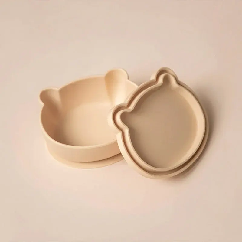 4PCS Bear Shape Baby Plates With Suction,Silicone Baby Feeding Set, 4PCS Bear Shape Baby Plates With Suction, Spoons and Forks Set