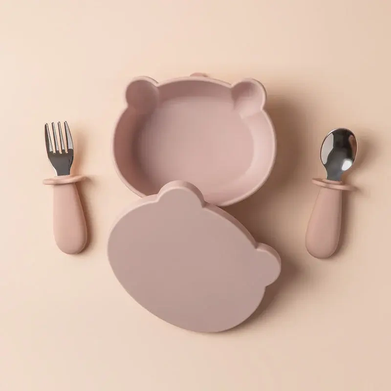 4PCS Bear Shape Baby Plates With Suction,Silicone Baby Feeding Set, 4PCS Bear Shape Baby Plates With Suction, Spoons and Forks Set