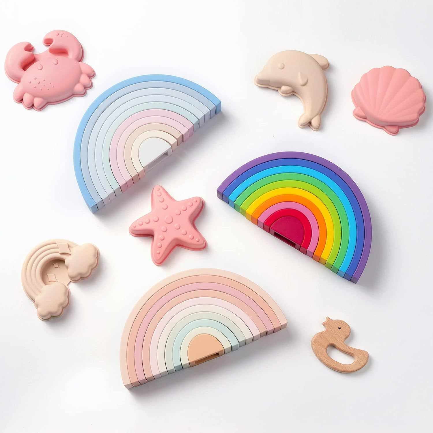Silicone Rainbow Stacing toys for Toddlers,Rainbow Stacking Toy, Silicone Rainbow Stacker for Toddlers, Montessori Nesting Blocks, Building Creative Color Shape Matching Toy Set, 10 Layers