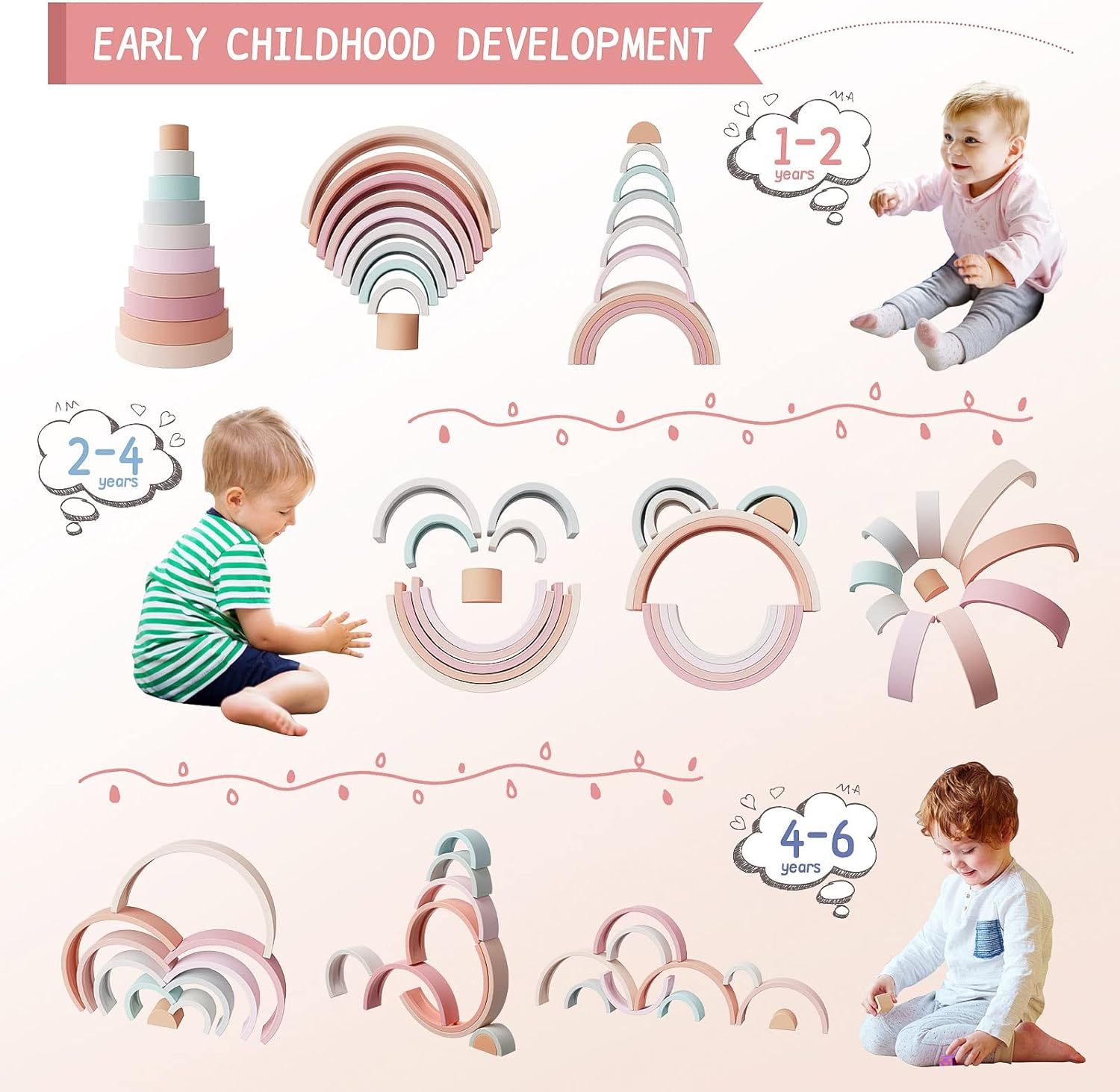 Silicone Rainbow Stacing toys for Toddlers,Rainbow Stacking Toy, Silicone Rainbow Stacker for Toddlers, Montessori Nesting Blocks, Building Creative Color Shape Matching Toy Set, 10 Layers