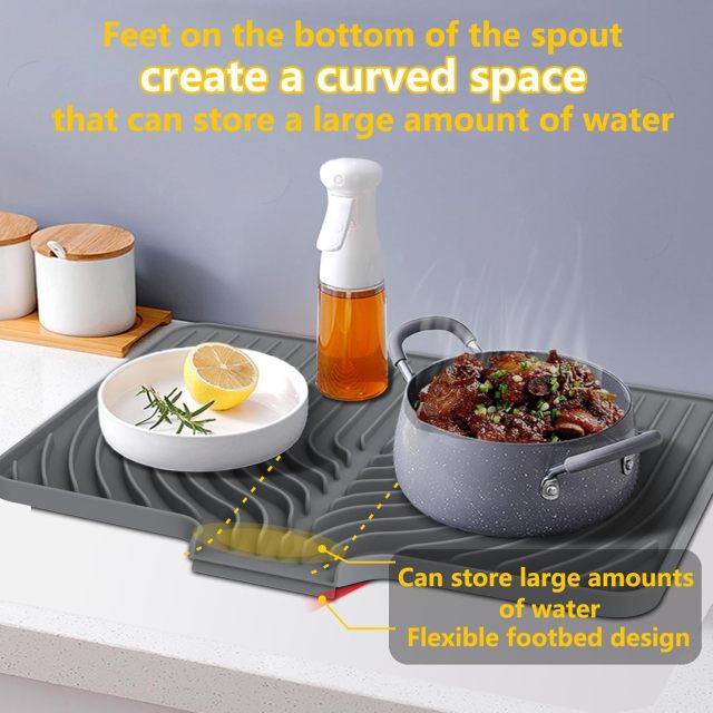 Silicone Dish Drying Mat for Kitchen Counter,Silicone Dish Drying Mat for Kitchen Counter, Dish Drying Pad, Non-Slip Drain Pad with Built-in Drain, Heat Resistant Stone Drying Mat