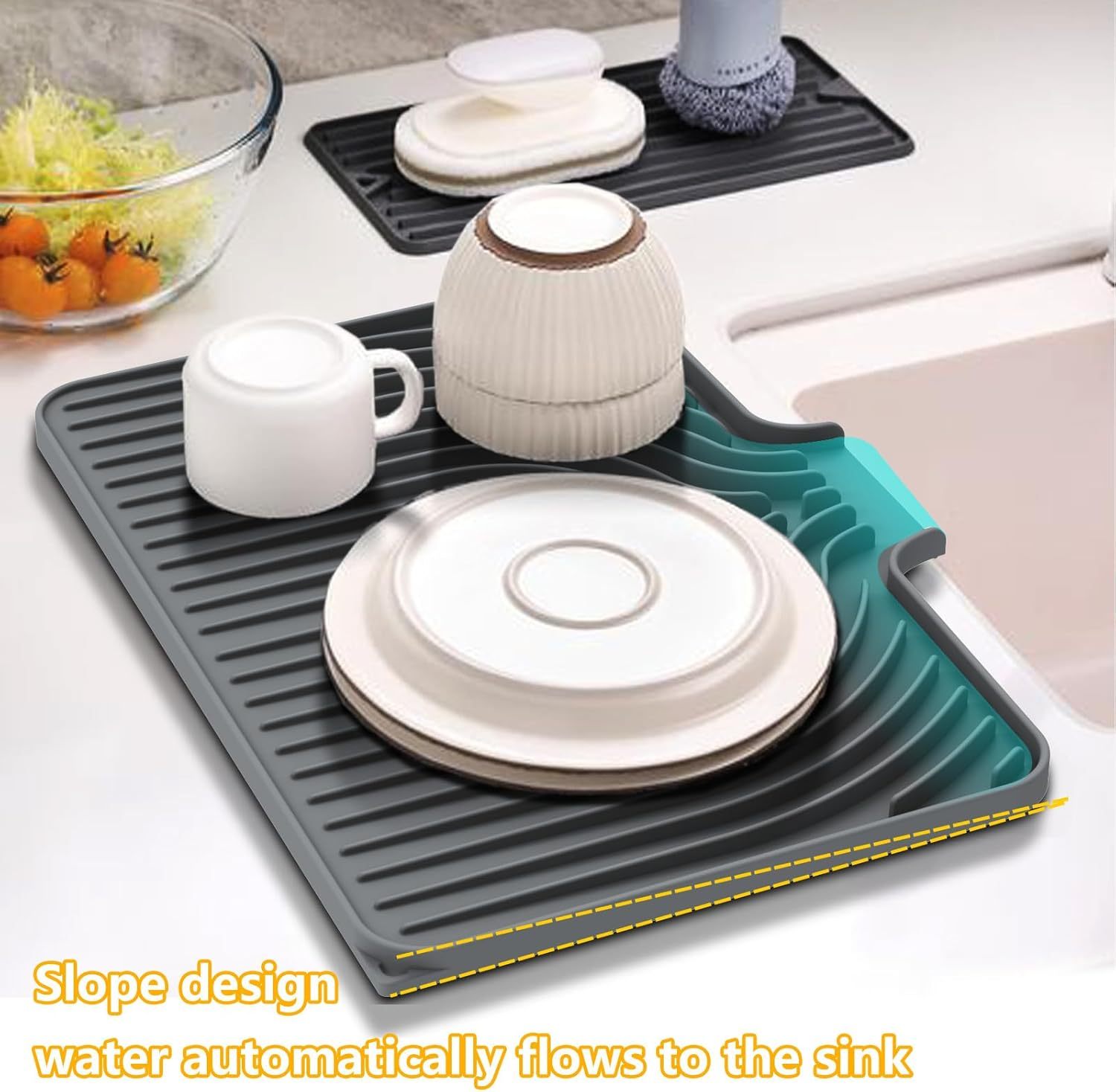 Silicone Dish Drying Mat for Kitchen Counter,Silicone Dish Drying Mat for Kitchen Counter, Dish Drying Pad, Non-Slip Drain Pad with Built-in Drain, Heat Resistant Stone Drying Mat