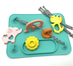 Silicone Suction Placemat,Silicone Suction Placemat with 4 Toy Adjustable Tethers for Babies & Toddlers, Keep Toys Off the Floor, Dishwasher Safe