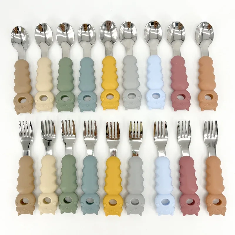 Baby Fork And Spoon With Silicone Handle,Baby Toddler Silicone Stainless Steel Utensils Silverware Spoon Fork for Baby Toddler BPA Free with Silicone Holding Anti-Choke Design