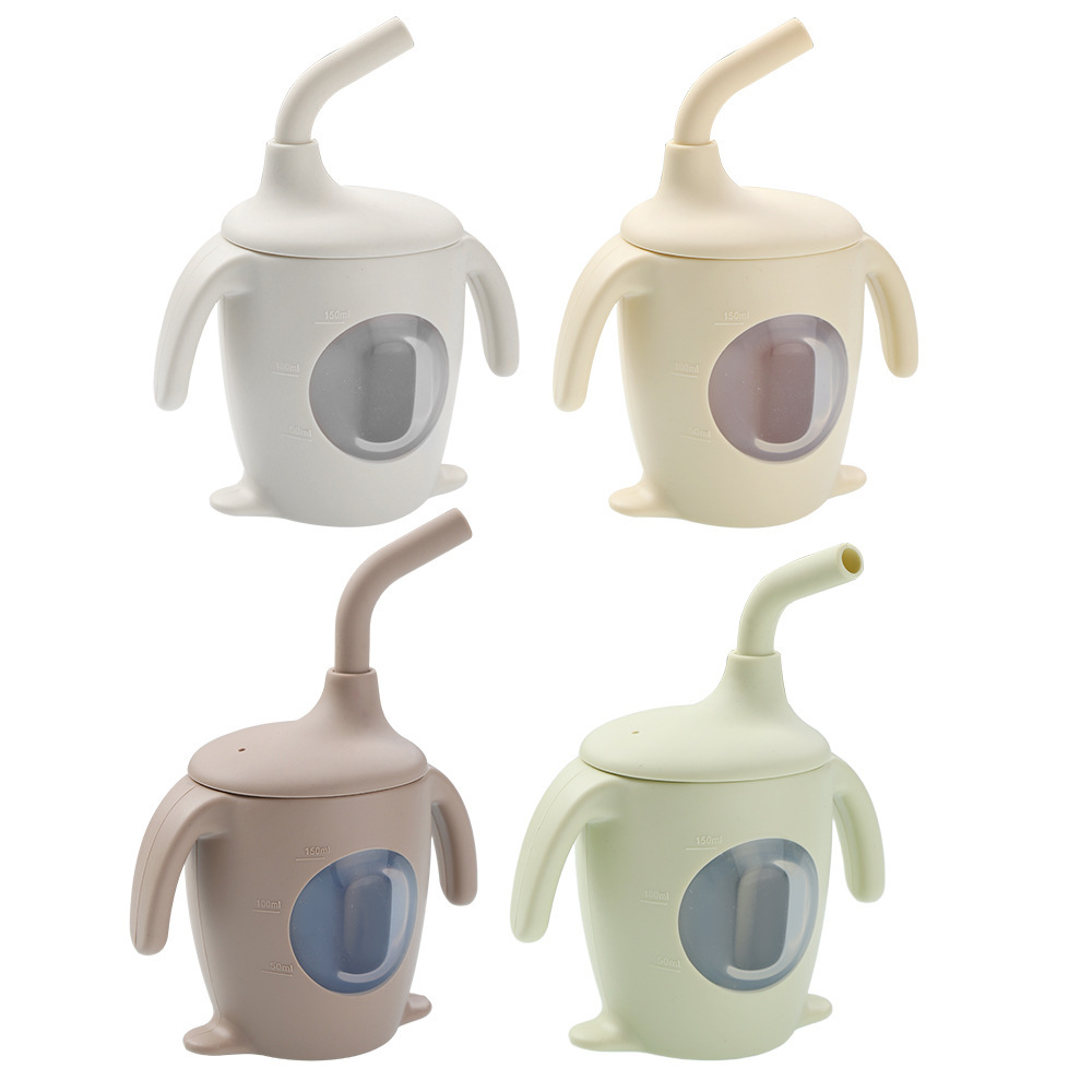Silicone 150ml Baby Training Cup,Silicone 150ml Baby Training Cup Designed With Visible Window Three in One Free Flow Straw for Toddler Kids