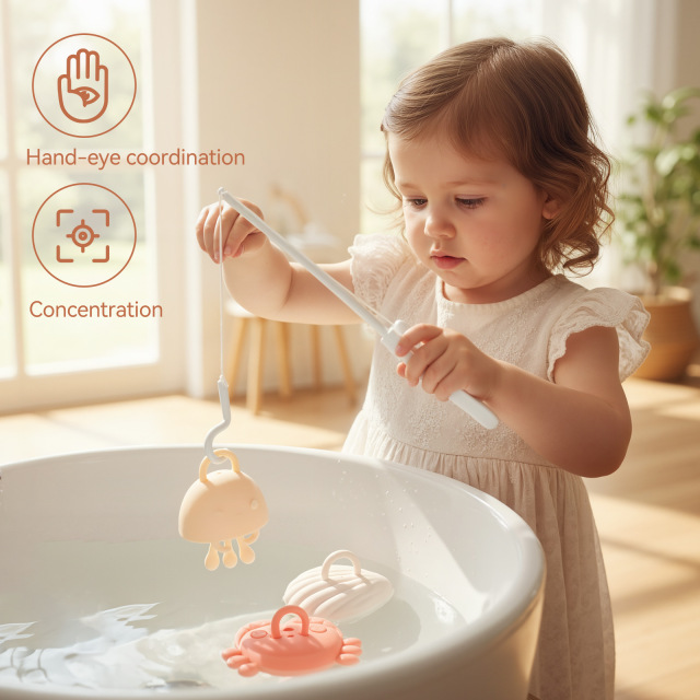 Silicone Fishing Play Set,Silicone Fishing Play Set, Montessori Fine Motor Skills Fish Game Bath Baby Toy for 1-3 4-8 Year Old Toddler Boys Girls