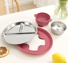 11PCS BPA-Free Sus304 &Silicone Infant Tableware Set,Baby & Toddler Feeding Set - Suction Divided Plates, Bowls, Silicone & Stainless Spoon Fork