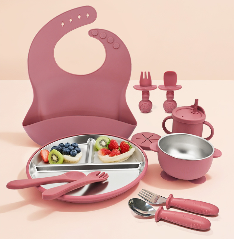 11PCS BPA-Free Sus304 &Silicone Infant Tableware Set,Baby & Toddler Feeding Set - Suction Divided Plates, Bowls, Silicone & Stainless Spoon Fork