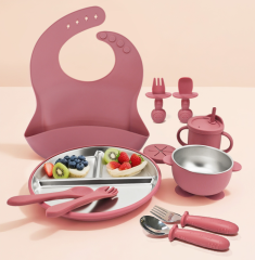 11PCS BPA-Free Sus304 &Silicone Infant Tableware Set,Baby & Toddler Feeding Set - Suction Divided Plates, Bowls, Silicone & Stainless Spoon Fork