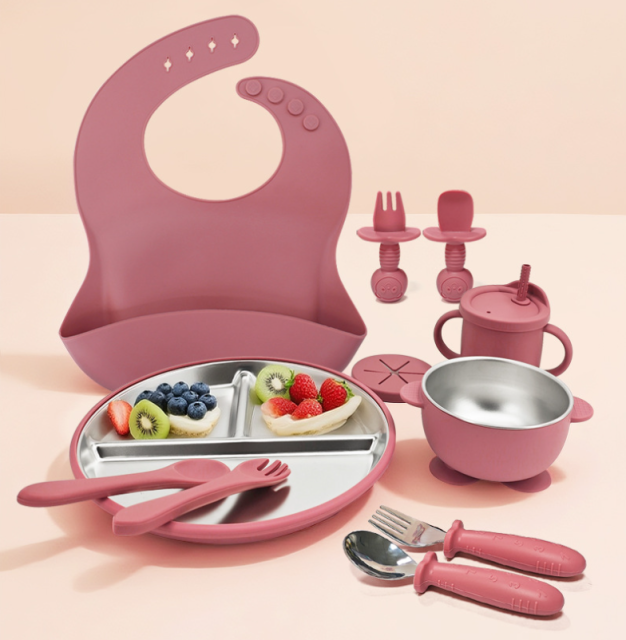 11PCS BPA-Free Sus304 &Silicone Infant Tableware Set,Baby & Toddler Feeding Set - Suction Divided Plates, Bowls, Silicone & Stainless Spoon Fork