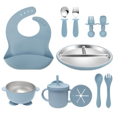 11PCS BPA-Free Sus304 &Silicone Infant Tableware Set,Baby & Toddler Feeding Set - Suction Divided Plates, Bowls, Silicone & Stainless Spoon Fork