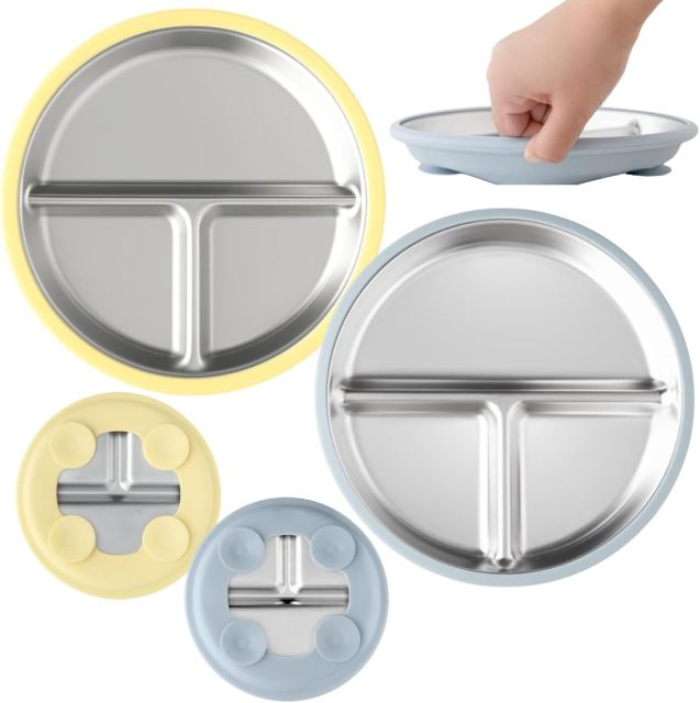 11PCS BPA-Free Sus304 &Silicone Infant Tableware Set,Divided Plates with Removable Silicone Sleeves for Kids,Stainless Steel Toddler Plate with Suction ,  Non Toxic & BPA Free | Non Slip | Unbreakable Baby Dishes