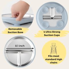 11PCS BPA-Free Sus304 &Silicone Infant Tableware Set,Divided Plates with Removable Silicone Sleeves for Kids,Stainless Steel Toddler Plate with Suction ,  Non Toxic & BPA Free | Non Slip | Unbreakable Baby Dishes