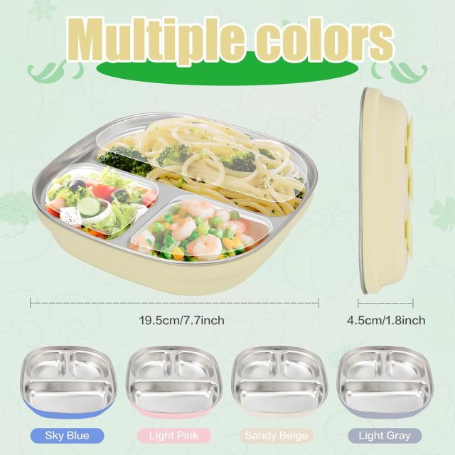 11PCS BPA-Free Sus304 &Silicone Infant Tableware Set,Divided Plates with Removable Silicone Sleeves for Kids,Stainless Steel Toddler Plate with Suction ,  Non Toxic & BPA Free | Non Slip | Unbreakable Baby Dishes