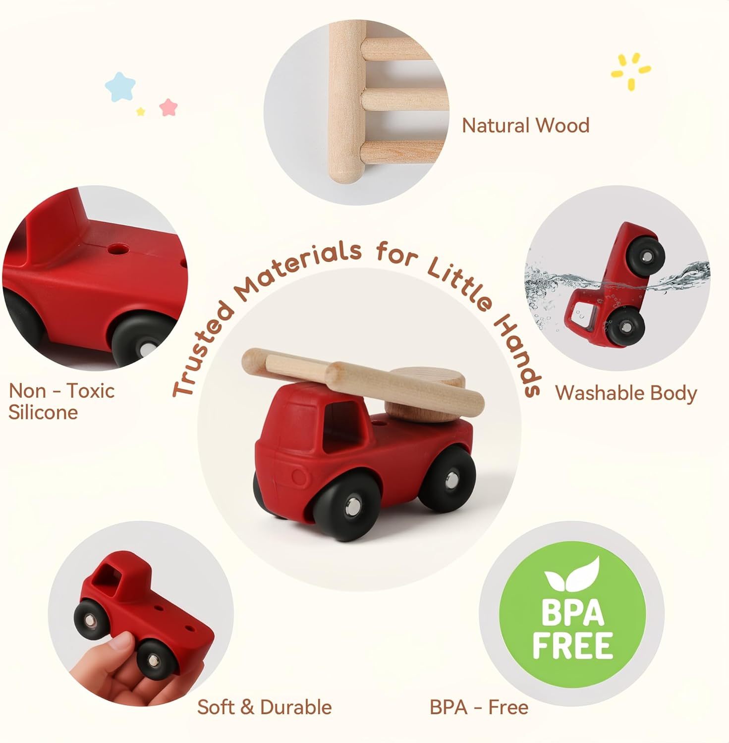 Vehicle Toy Set,Silicone baby toys,Vehicle Toy Set,Silicone baby toys，Classic Rescue and Construction Car Toys Including 2 Silicone Bodies & 4 Wooden Carriages
