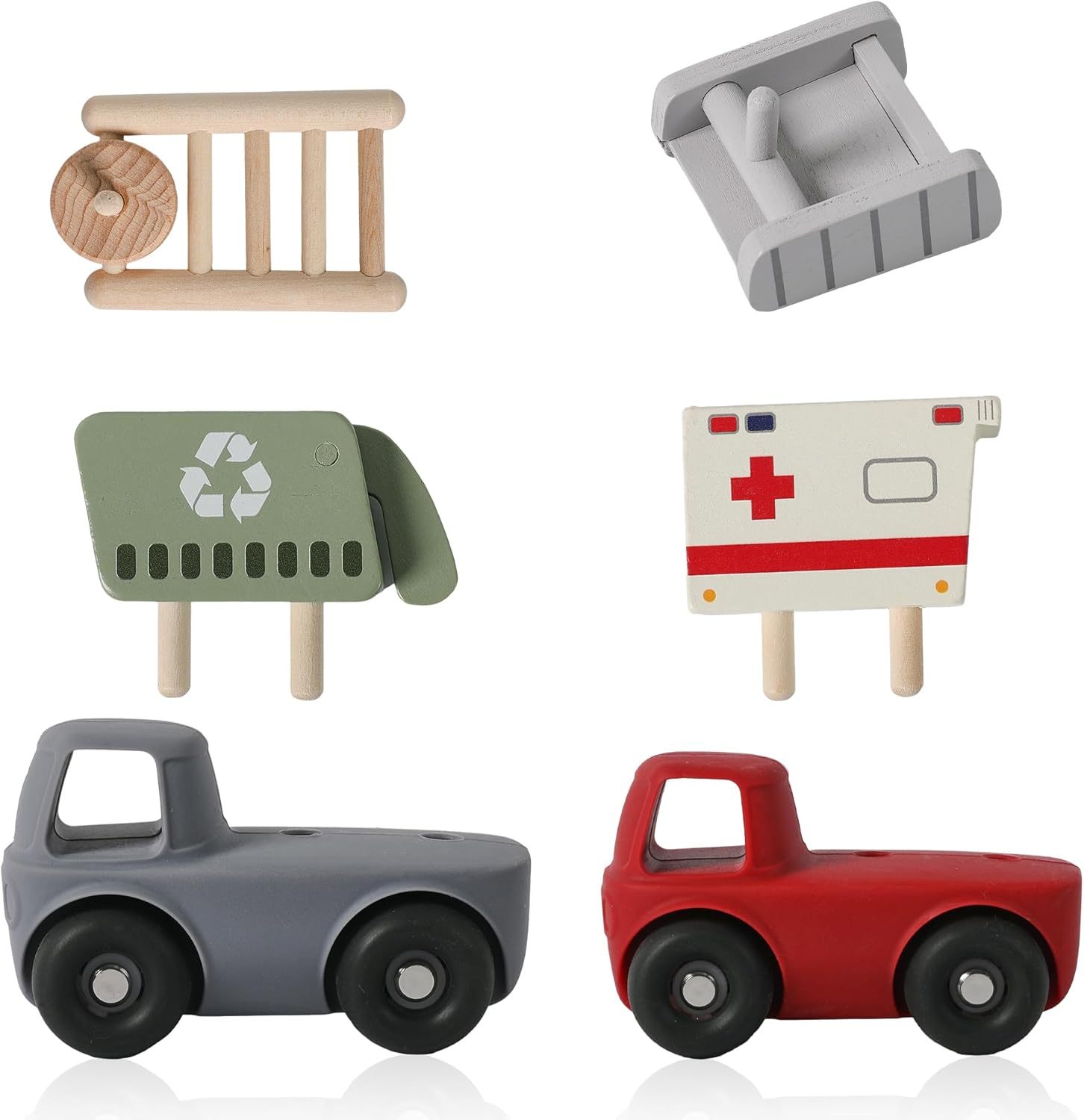Vehicle Toy Set,Silicone baby toys,Vehicle Toy Set,Silicone baby toys，Classic Rescue and Construction Car Toys Including 2 Silicone Bodies & 4 Wooden Carriages