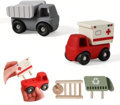 Vehicle Toy Set,Silicone baby toys,Vehicle Toy Set,Silicone baby toys，Classic Rescue and Construction Car Toys Including 2 Silicone Bodies & 4 Wooden Carriages