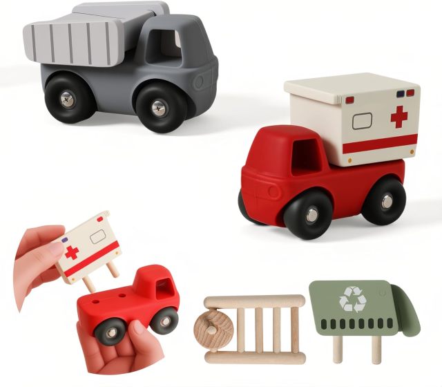 Vehicle Toy Set,Silicone baby toys,Vehicle Toy Set,Silicone baby toys，Classic Rescue and Construction Car Toys Including 2 Silicone Bodies & 4 Wooden Carriages
