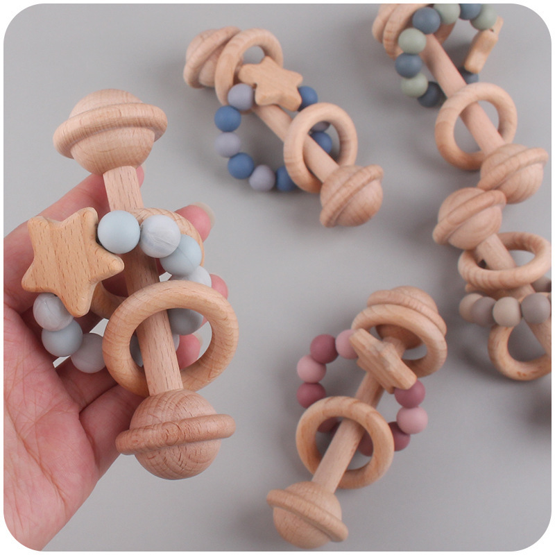 Star Early Learning Teething Toy for Infants,Baby Handshake Bell Wooden Teether Rattle with Silicone Bead Ring, Star Early Learning Teething Toy for Infants