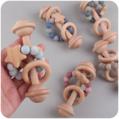 Star Early Learning Teething Toy for Infants,Baby Handshake Bell Wooden Teether Rattle with Silicone Bead Ring, Star Early Learning Teething Toy for Infants