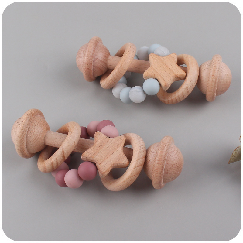 Star Early Learning Teething Toy for Infants,Baby Handshake Bell Wooden Teether Rattle with Silicone Bead Ring, Star Early Learning Teething Toy for Infants