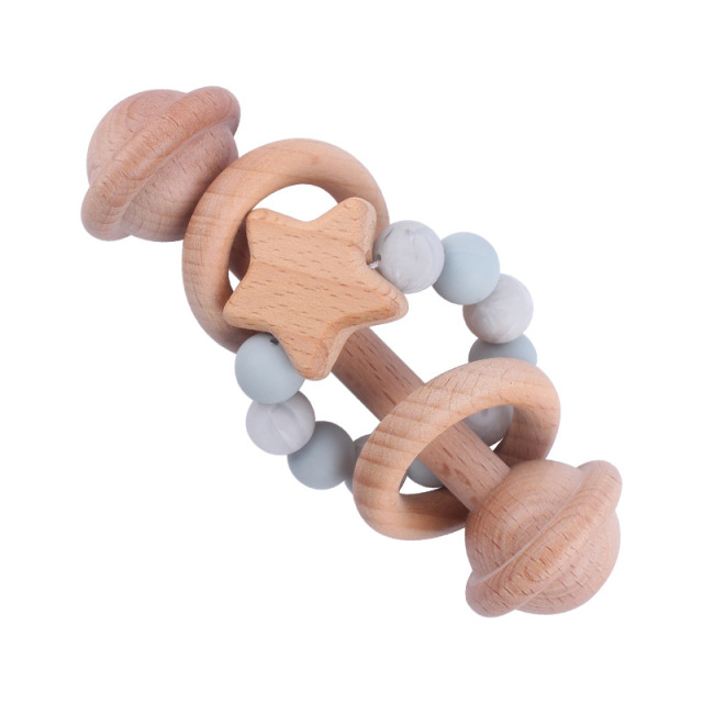 Star Early Learning Teething Toy for Infants,Baby Handshake Bell Wooden Teether Rattle with Silicone Bead Ring, Star Early Learning Teething Toy for Infants
