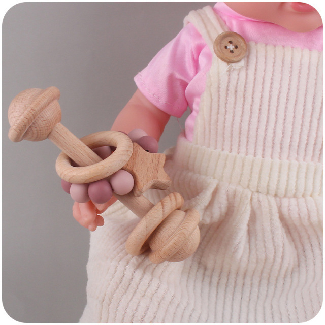 Star Early Learning Teething Toy for Infants,Baby Handshake Bell Wooden Teether Rattle with Silicone Bead Ring, Star Early Learning Teething Toy for Infants