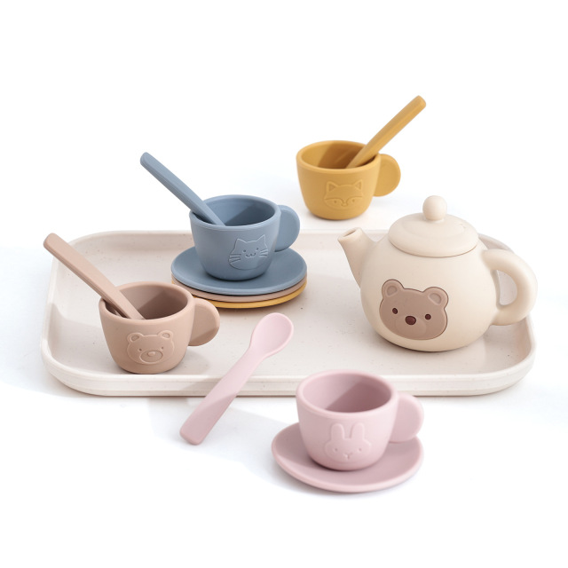 Silicone Tea Party Set,Silicone Tea Party Set, Tea Set with Tea Pot Cups Food Pretend Play Kitchen Accessories Christmas Birthday Gift