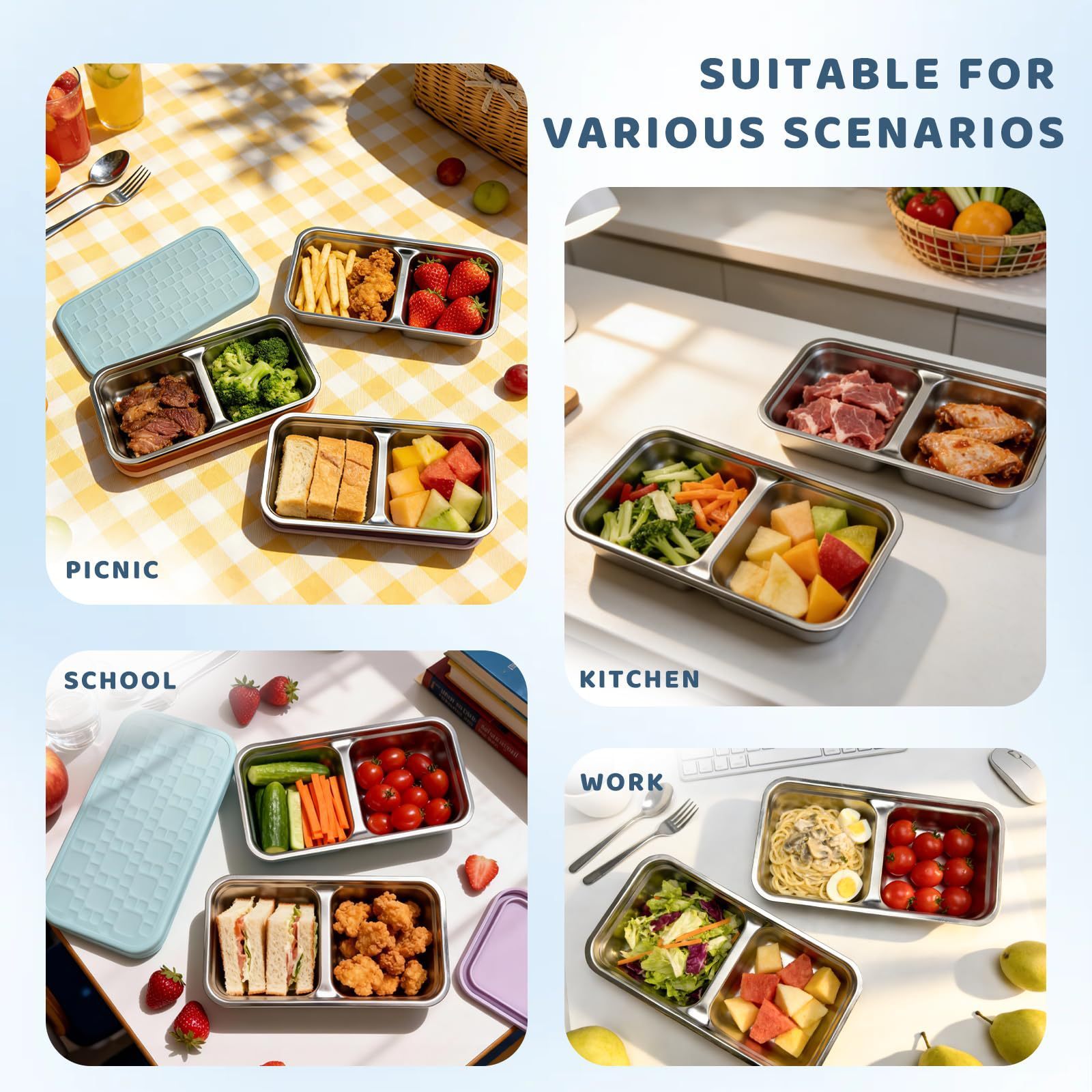 Snack Containers with Silicone Lids,Stainless Steel Reusable Metal Snack Containers with Silicone Lids, 2 Compartment Stackable Metal Toddler Lunch Box for Kids