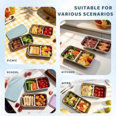 Snack Containers with Silicone Lids,Stainless Steel Reusable Metal Snack Containers with Silicone Lids, 2 Compartment Stackable Metal Toddler Lunch Box for Kids